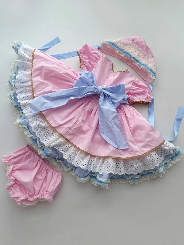 Children's Sweet Lolita Dress Headwear Pink Short Sleeve Blue Bow Ruffles Polyester Kids Princess One Piece Dress