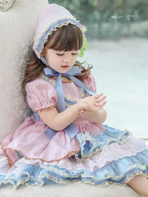 Children's Sweet Lolita Dress Headwear Pink Short Sleeve Blue Bow Ruffles Polyester Kids Princess One Piece Dress