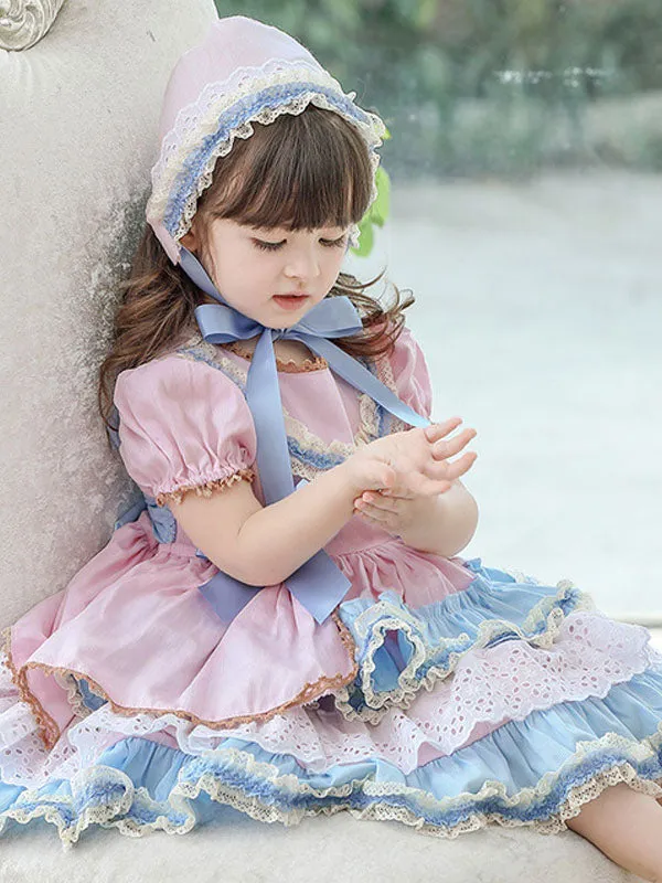 Children's Sweet Lolita Dress Headwear Pink Short Sleeve Blue Bow Ruffles Polyester Kids Princess One Piece Dress