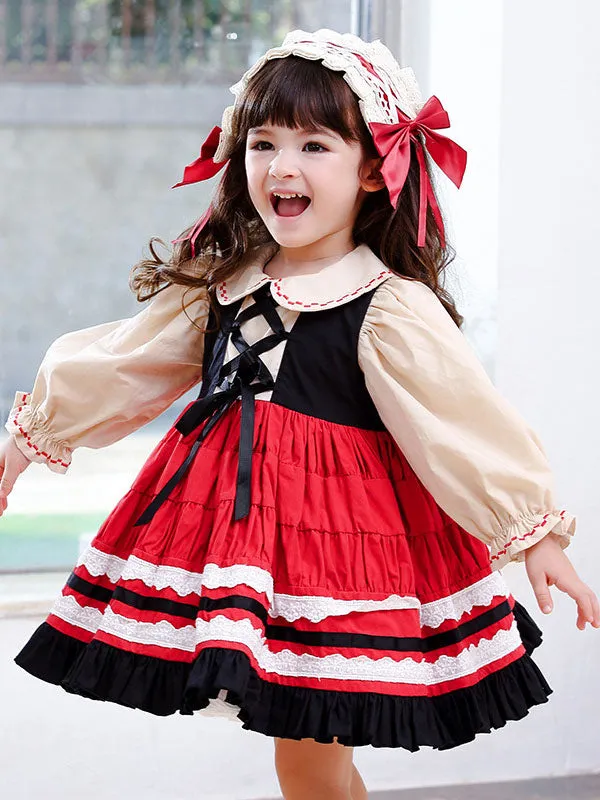 Children's Sweet Lolita Dress Headwear Red Bows Ruffles Polyester Long Sleeve Kids One Piece Dress