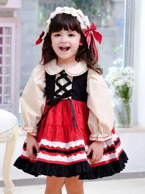 Children's Sweet Lolita Dress Headwear Red Bows Ruffles Polyester Long Sleeve Kids One Piece Dress