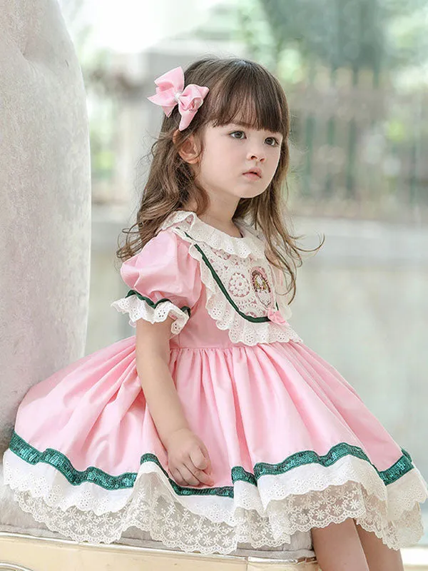 Children's Sweet Lolita Dress Pink Ruffles Polyester Short Sleeve Kids Princess One Piece Dress