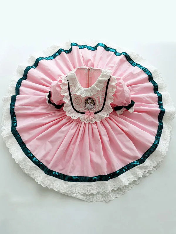 Children's Sweet Lolita Dress Pink Ruffles Polyester Short Sleeve Kids Princess One Piece Dress
