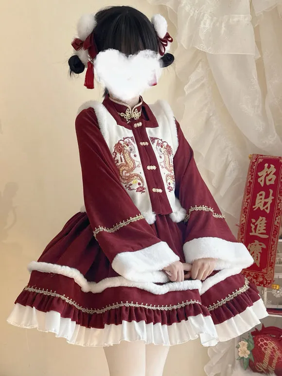 Chinese Style Lolita Dress Ruffles Long Sleeves Polyester Chinese Style Red Chinese Style Lolita