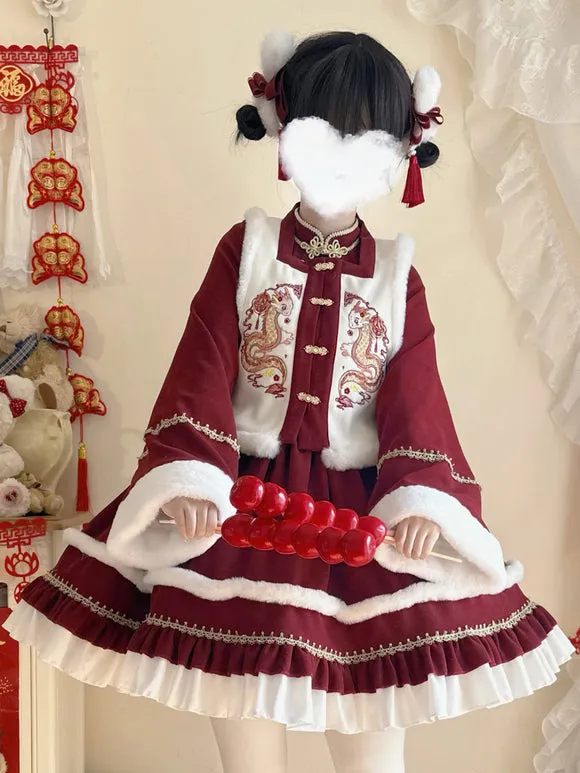 Chinese Style Lolita Dress Ruffles Long Sleeves Polyester Chinese Style Red Chinese Style Lolita