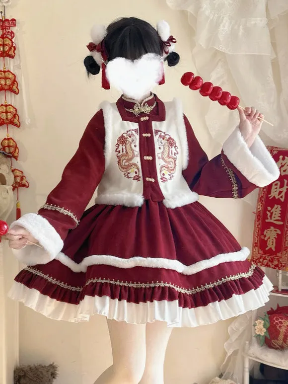 Chinese Style Lolita Dress Ruffles Long Sleeves Polyester Chinese Style Red Chinese Style Lolita