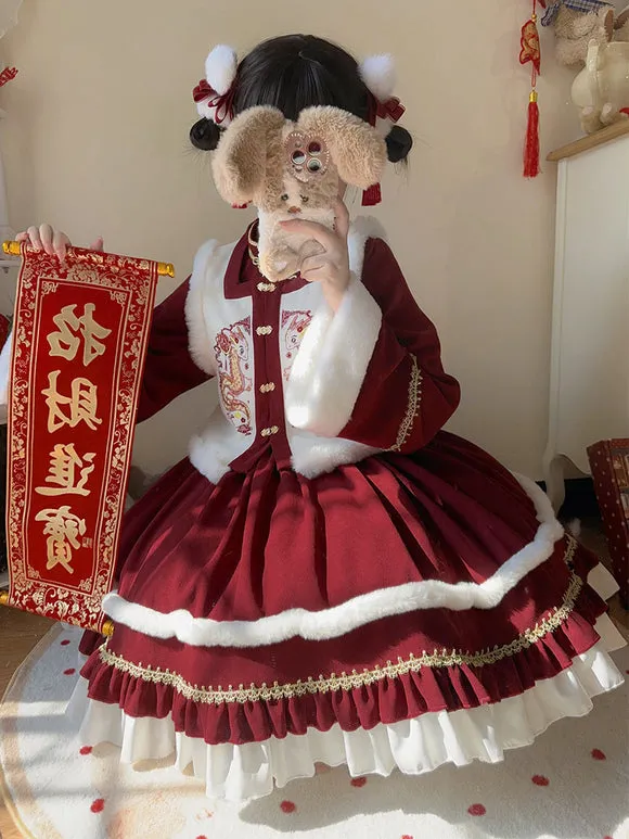 Chinese Style Lolita Dress Ruffles Long Sleeves Polyester Chinese Style Red Chinese Style Lolita