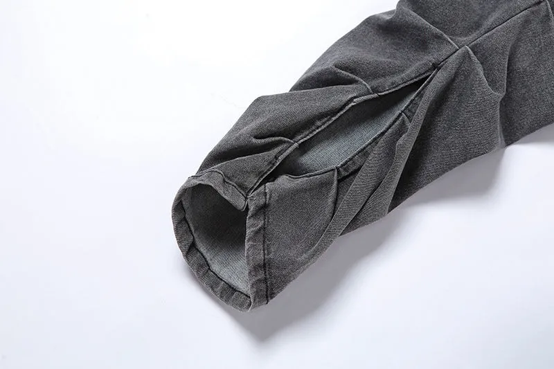 CityHottie - Grey Split Denim Stacked Pants Zip Up Baddie Style Streetwear Pencil Jeans For Women High Waist Bodycon Ruched Trousers