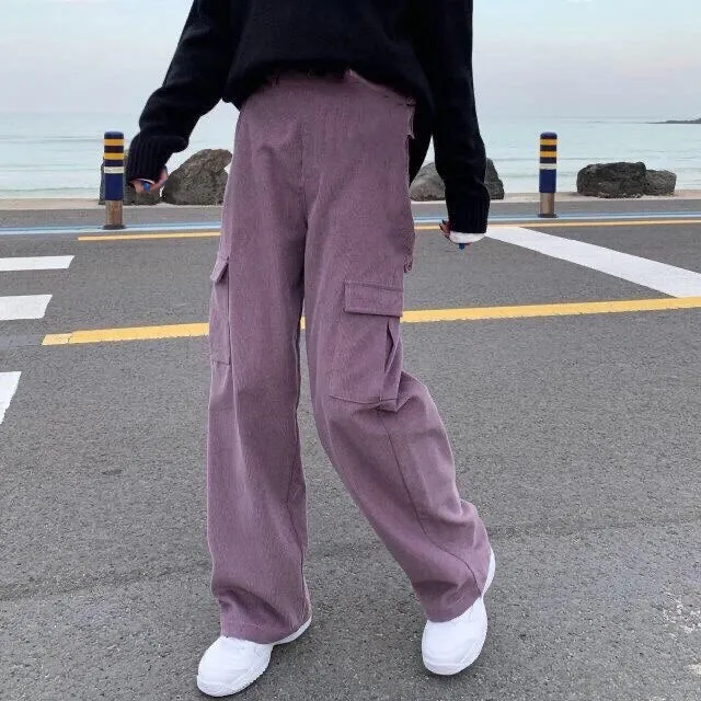 CityHottie - Summer Outfits Trends Women's Cargo Pants Corduroy Wide Leg Pocket Jogger Trousers Autumn Winter Casual Loose Streetwear Harajuku Harem Pant Females