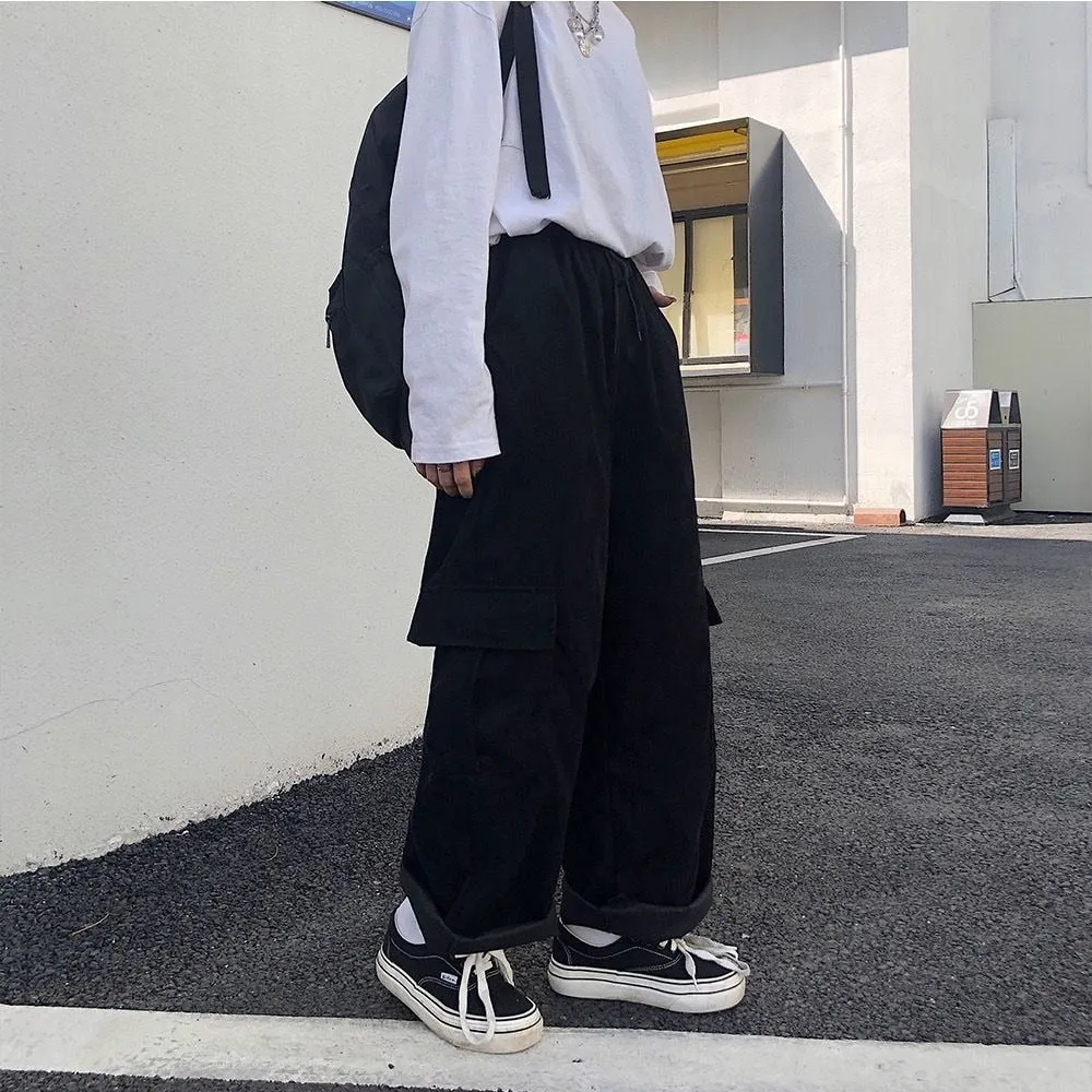 CityHottie - Summer Outfits Trends Women's Cargo Pants Corduroy Wide Leg Pocket Jogger Trousers Autumn Winter Casual Loose Streetwear Harajuku Harem Pant Females