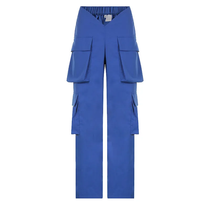 CityHottie - Vintage Y2k Cargo Pants Women Elastic High Waist Big Pockets Baggy Casual Capris Aesthetic Autumn Jogger Sweatpants