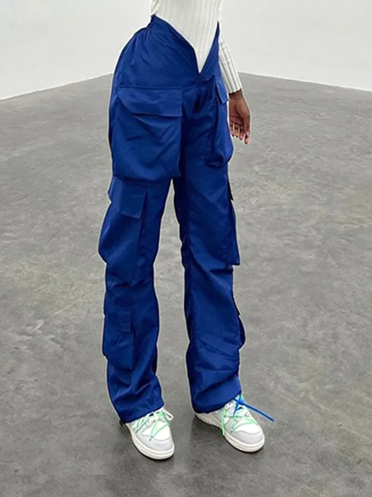 CityHottie - Vintage Y2k Cargo Pants Women Elastic High Waist Big Pockets Baggy Casual Capris Aesthetic Autumn Jogger Sweatpants