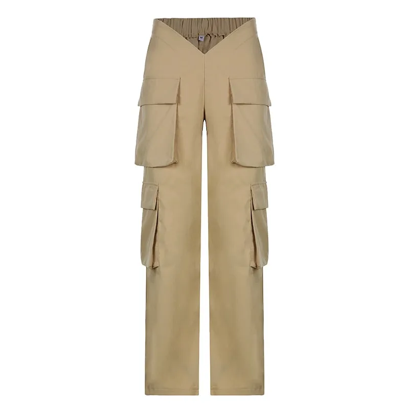 CityHottie - Vintage Y2k Cargo Pants Women Elastic High Waist Big Pockets Baggy Casual Capris Aesthetic Autumn Jogger Sweatpants