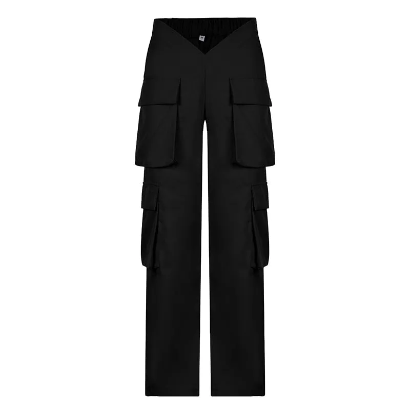 CityHottie - Vintage Y2k Cargo Pants Women Elastic High Waist Big Pockets Baggy Casual Capris Aesthetic Autumn Jogger Sweatpants