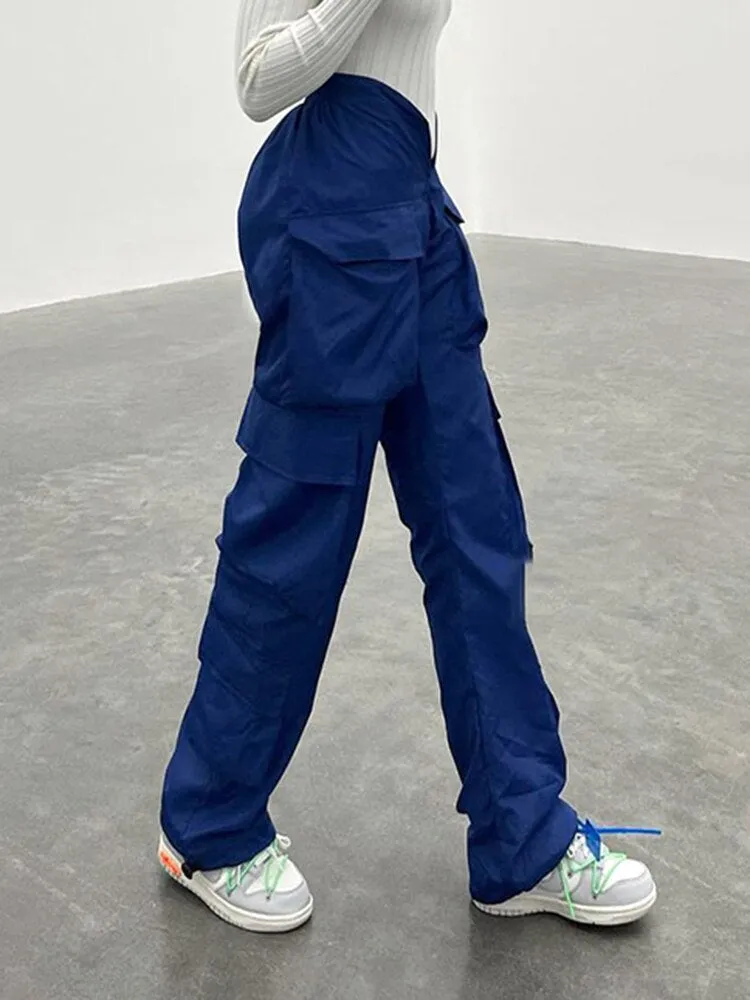 CityHottie - Vintage Y2k Cargo Pants Women Elastic High Waist Big Pockets Baggy Casual Capris Aesthetic Autumn Jogger Sweatpants