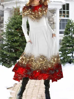 CityHottie - Women's Christmas Casual Dress Swing Dress Midi Dress Red Long Sleeve Leopard Pocket Winter Fall Autumn Fashion Daily Weekend S M L XL XXL 3XL