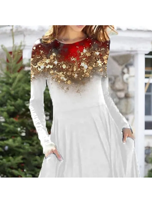 CityHottie - Women's Christmas Casual Dress Swing Dress Midi Dress Red Long Sleeve Leopard Pocket Winter Fall Autumn Fashion Daily Weekend S M L XL XXL 3XL