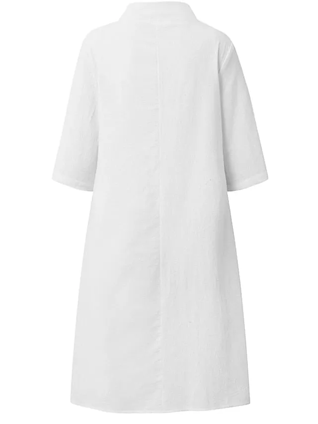 CityHottie - Women's Cotton Linen Dress Casual Dress Shift Dress Midi Dress Cotton Blend Fashion Basic Outdoor Daily Vacation Stand Collar Button Half Sleeve Summer Spring 2024 Black White Blue Plain S M L