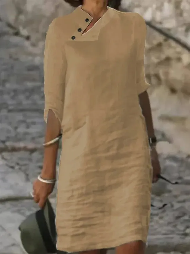 CityHottie - Women's Cotton Linen Dress Casual Dress Shift Dress Midi Dress Cotton Blend Fashion Basic Outdoor Daily Vacation Stand Collar Button Half Sleeve Summer Spring 2024 Black White Blue Plain S M L