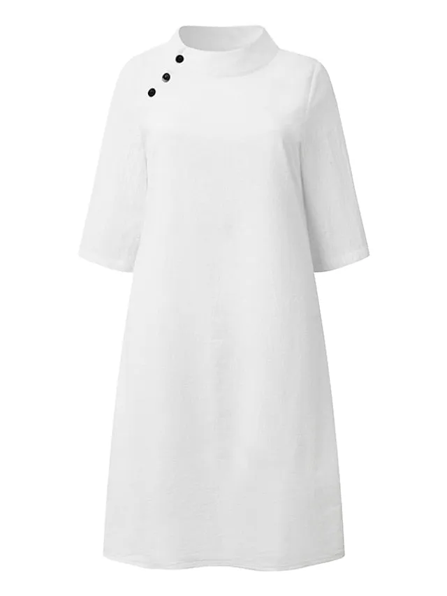 CityHottie - Women's Cotton Linen Dress Casual Dress Shift Dress Midi Dress Cotton Blend Fashion Basic Outdoor Daily Vacation Stand Collar Button Half Sleeve Summer Spring 2024 Black White Blue Plain S M L