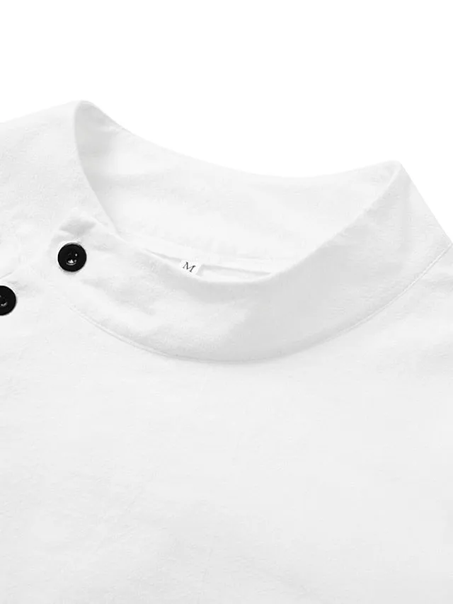 CityHottie - Women's Cotton Linen Dress Casual Dress Shift Dress Midi Dress Cotton Blend Fashion Basic Outdoor Daily Vacation Stand Collar Button Half Sleeve Summer Spring 2024 Black White Blue Plain S M L