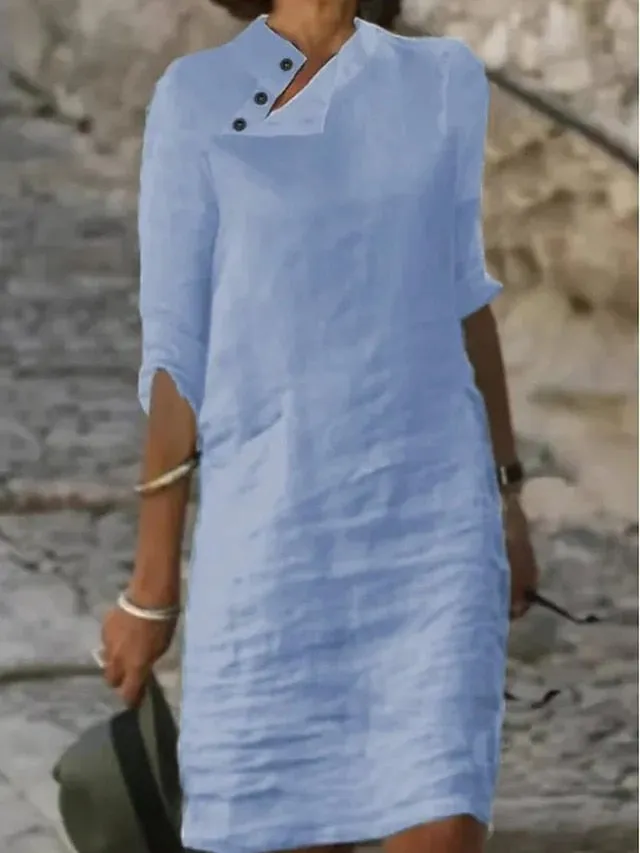 CityHottie - Women's Cotton Linen Dress Casual Dress Shift Dress Midi Dress Cotton Blend Fashion Basic Outdoor Daily Vacation Stand Collar Button Half Sleeve Summer Spring 2024 Black White Blue Plain S M L