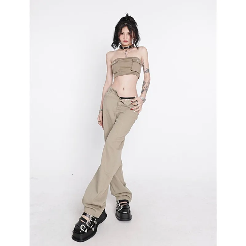 CityHottie - Women's Khaki Wide Leg Jeans Star Pocket Vintage Straight Pants High Waist Baggy Streetwear Casual Brown Denim Trouser Ladies