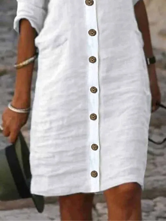 CityHottie - Women's Shirt Dress Casual Dress Cotton Linen Dress Midi Dress Cotton Blend Fashion Basic Outdoor Daily Shirt Collar Button Half Sleeve Summer Spring Fall 2024 Regular Fit Black White Green Plain S M