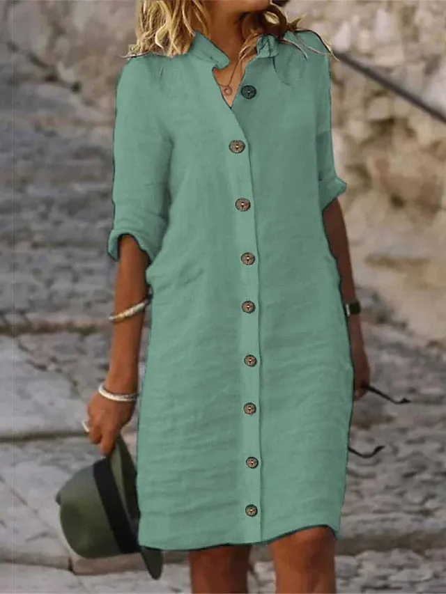 CityHottie - Women's Shirt Dress Casual Dress Cotton Linen Dress Midi Dress Cotton Blend Fashion Basic Outdoor Daily Shirt Collar Button Half Sleeve Summer Spring Fall 2024 Regular Fit Black White Green Plain S M
