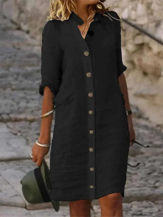 CityHottie - Women's Shirt Dress Casual Dress Cotton Linen Dress Midi Dress Cotton Blend Fashion Basic Outdoor Daily Shirt Collar Button Half Sleeve Summer Spring Fall 2024 Regular Fit Black White Green Plain S M