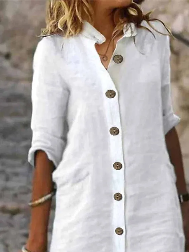CityHottie - Women's Shirt Dress Casual Dress Cotton Linen Dress Midi Dress Cotton Blend Fashion Basic Outdoor Daily Shirt Collar Button Half Sleeve Summer Spring Fall 2024 Regular Fit Black White Green Plain S M