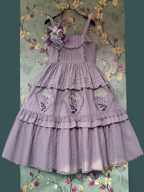 Classical Lolita Dress Cotton Lace Sleeveless Lolita Dresses Floral Print Grape