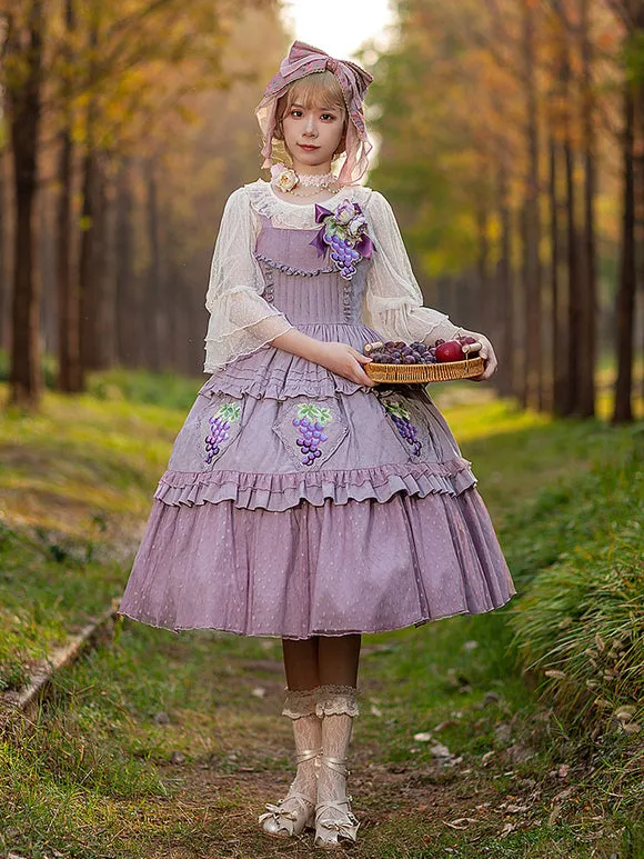 Classical Lolita Dress Cotton Lace Sleeveless Lolita Dresses Floral Print Grape