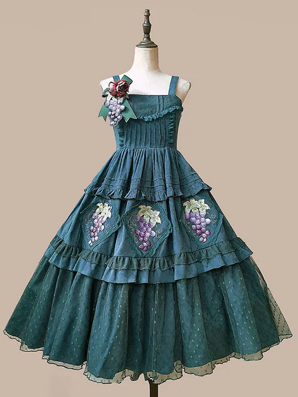 Classical Lolita Dress Cotton Lace Sleeveless Lolita Dresses Floral Print Grape