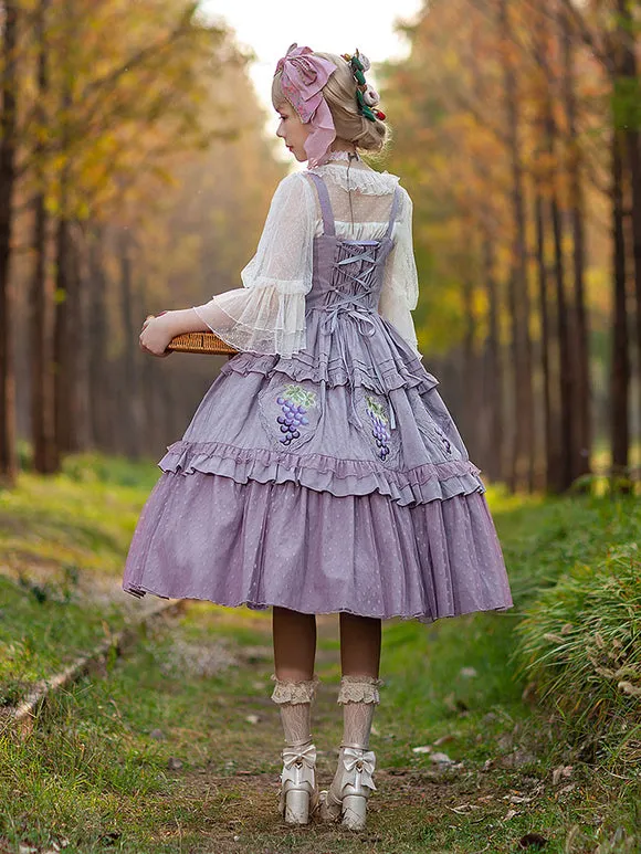 Classical Lolita Dress Cotton Lace Sleeveless Lolita Dresses Floral Print Grape