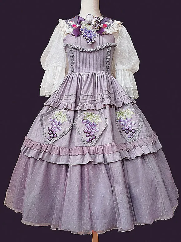 Classical Lolita Dress Cotton Lace Sleeveless Lolita Dresses Floral Print Grape