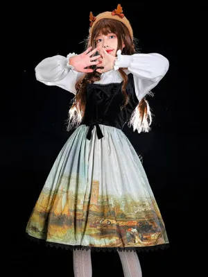 Classical Lolita JSK Dress Khaki Sleeveless Ruffles Floral Print Lolita Jumper Skirt