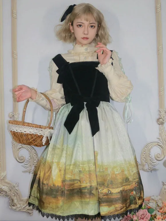 Classical Lolita JSK Dress Khaki Sleeveless Ruffles Floral Print Lolita Jumper Skirt