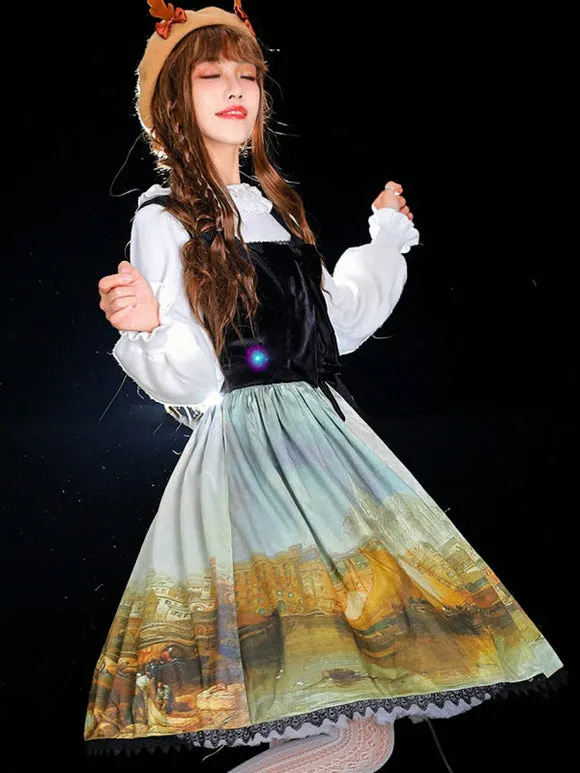 Classical Lolita JSK Dress Khaki Sleeveless Ruffles Floral Print Lolita Jumper Skirt