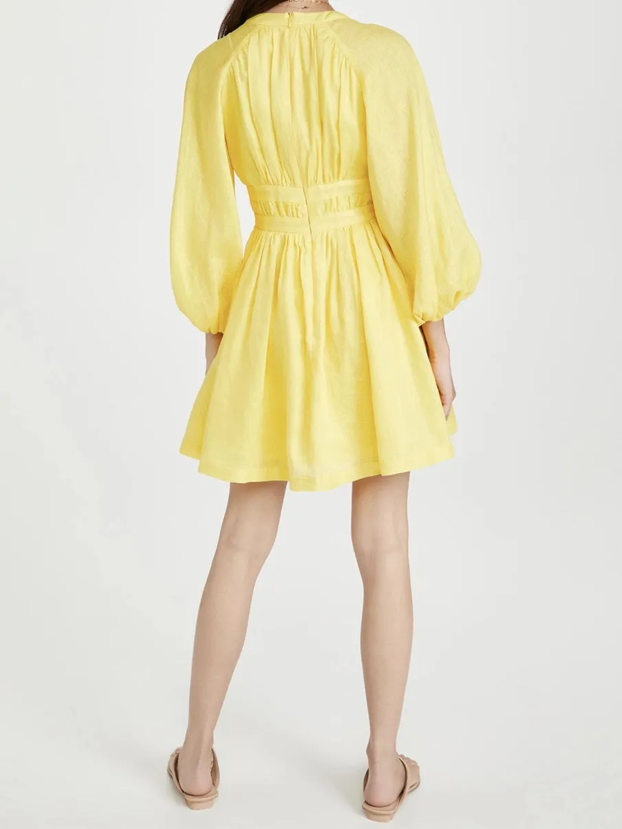 CM-D080413 Women Casual Seoul Style Solid Deep V-Neck Tie Wrap Dress - Yellow
