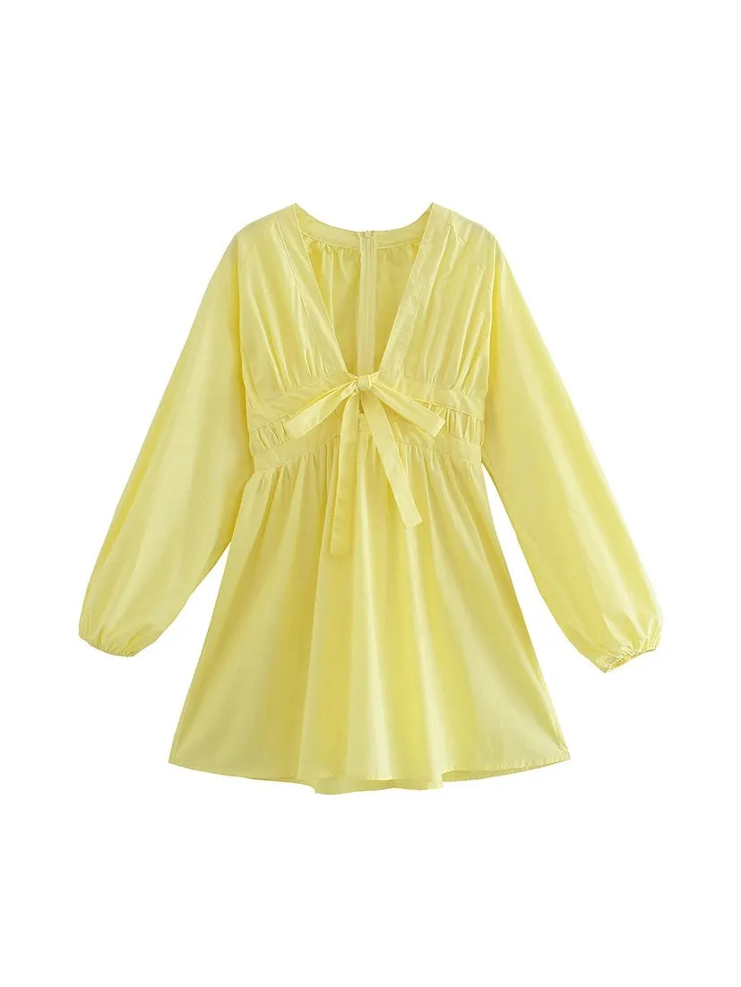 CM-D080413 Women Casual Seoul Style Solid Deep V-Neck Tie Wrap Dress - Yellow