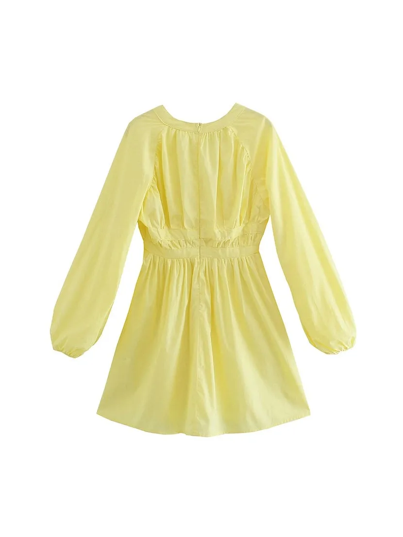 CM-D080413 Women Casual Seoul Style Solid Deep V-Neck Tie Wrap Dress - Yellow