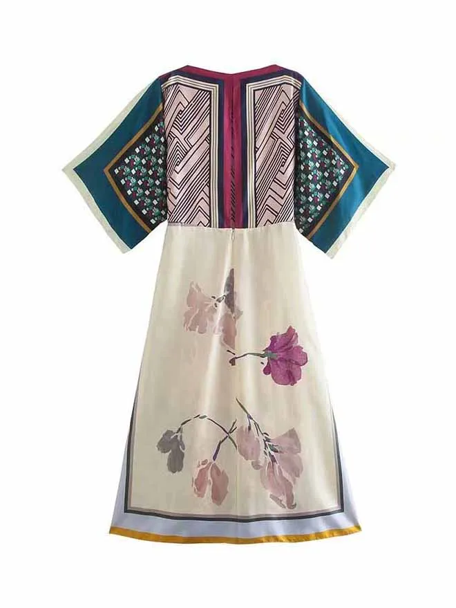 CM-D081736 Women Trendy Bohemian Style Loose Print Half Sleeve Dress