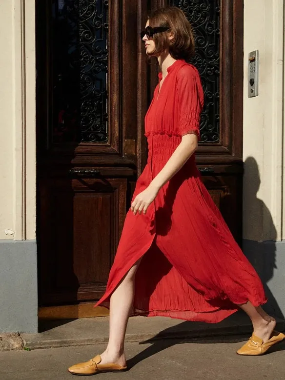 CM-D091823 Women Trendy Bohemian Style V-Neck Short Sleeve Maxi Dress - Red