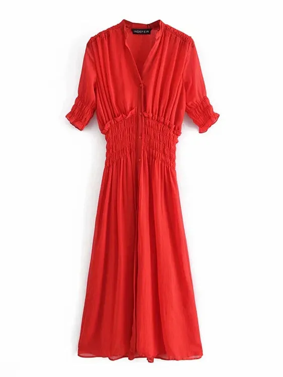 CM-D091823 Women Trendy Bohemian Style V-Neck Short Sleeve Maxi Dress - Red