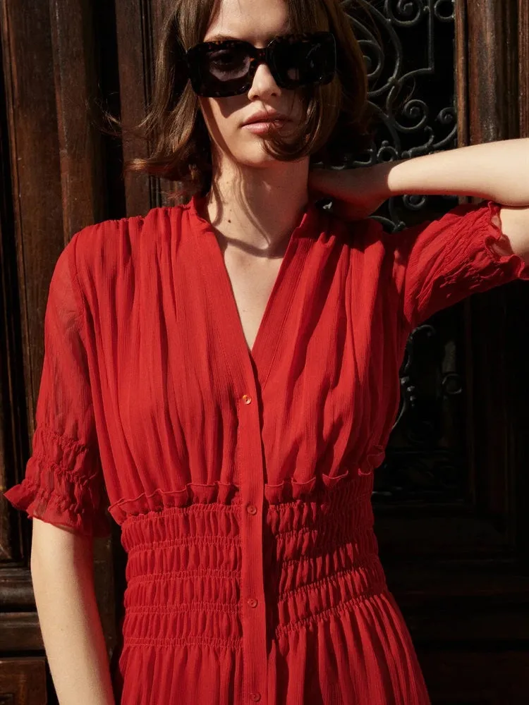 CM-D091823 Women Trendy Bohemian Style V-Neck Short Sleeve Maxi Dress - Red