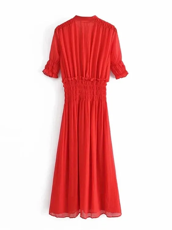 CM-D091823 Women Trendy Bohemian Style V-Neck Short Sleeve Maxi Dress - Red