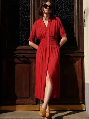 CM-D091823 Women Trendy Bohemian Style V-Neck Short Sleeve Maxi Dress - Red