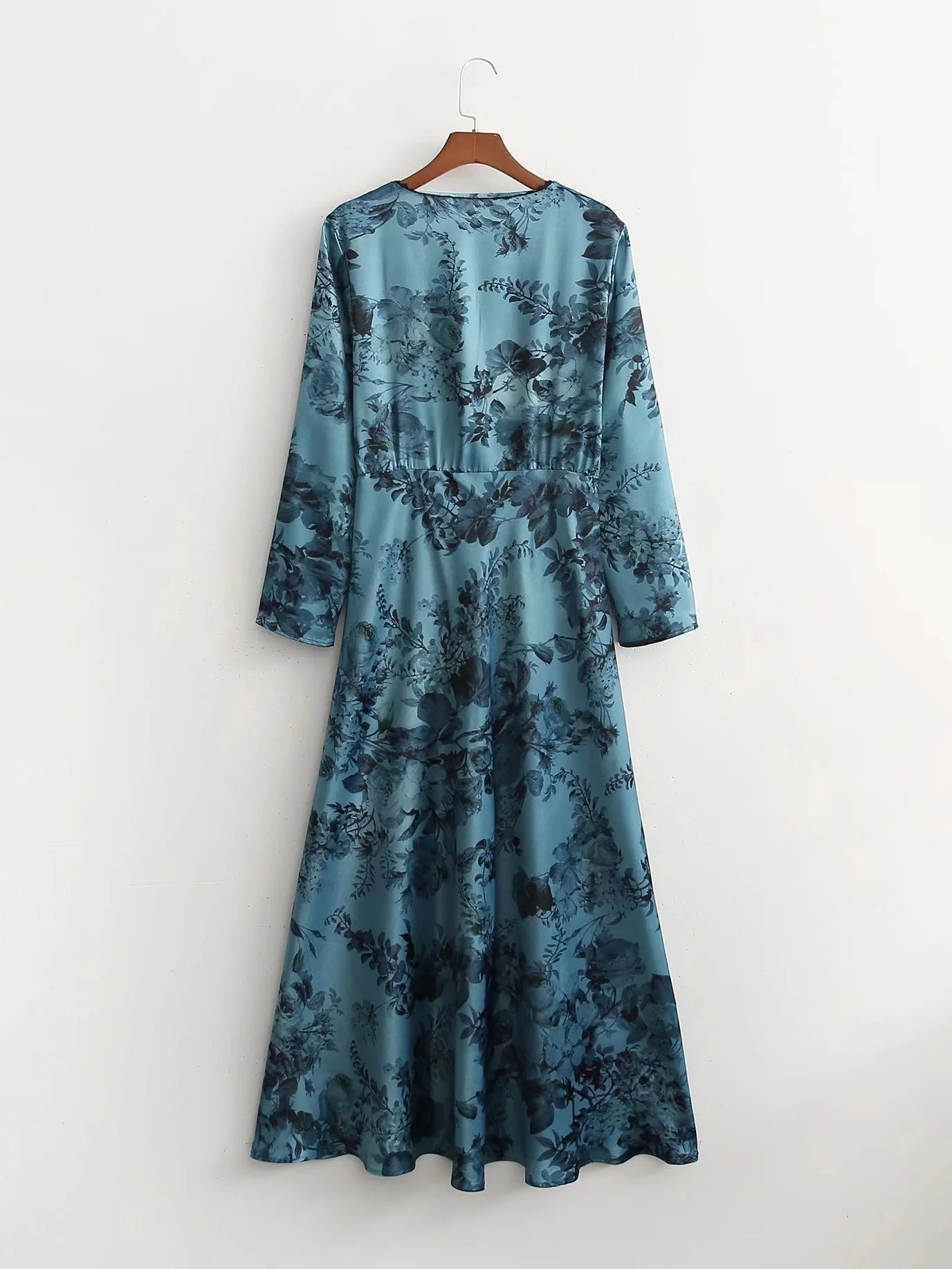 CM-D101537 Women Casual European Style V-Neck 3/4 Sleeve Maxi Dress - Blue
