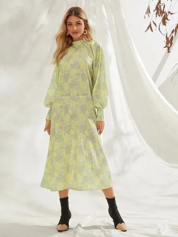 CM-DS107866 Women Elegant Seoul Style Mock Neck Floral Print Raglan Sleeve Dress - Green